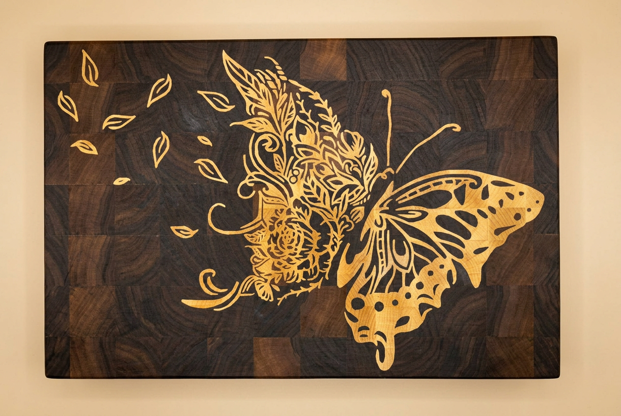 Vlinder in noten en esdoorn in End-grain noten · maatwerk gravure
