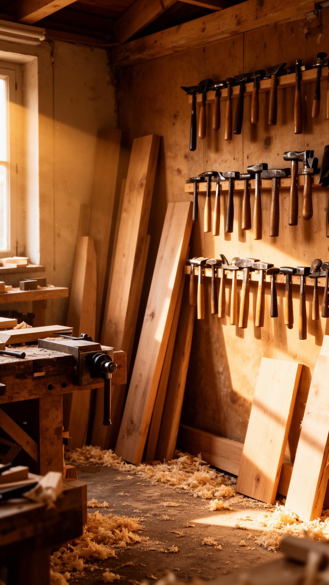 Het atelier van HoutSpreekt met handgereedschap aan de wand